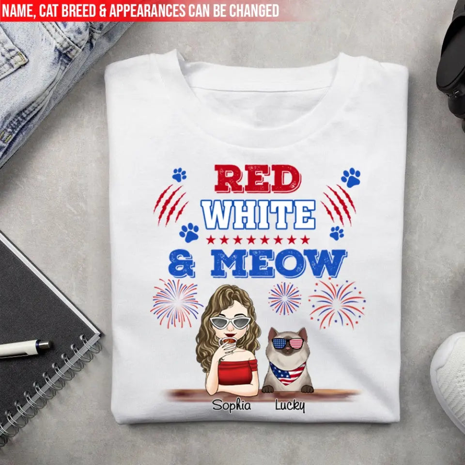 Cat Red White & Meow 4th Of July - Personalized T-shirt, Independence Day gift For Cat Mom Cat Lovers