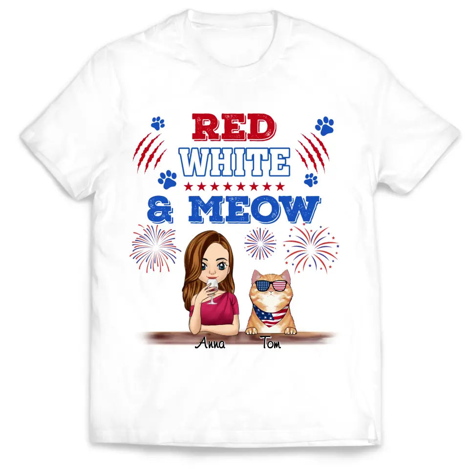 Cat Red White & Meow 4th Of July - Personalized T-shirt, Independence Day gift For Cat Mom Cat Lovers