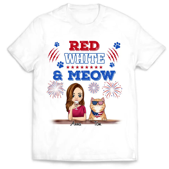 Cat Red White & Meow 4th Of July - Personalized T-shirt, Independence Day gift For Cat Mom Cat Lovers