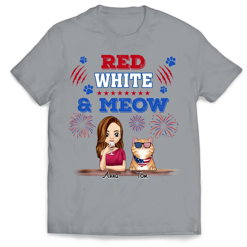 Cat Red White & Meow 4th Of July - Personalized T-shirt, Independence Day gift For Cat Mom Cat Lovers