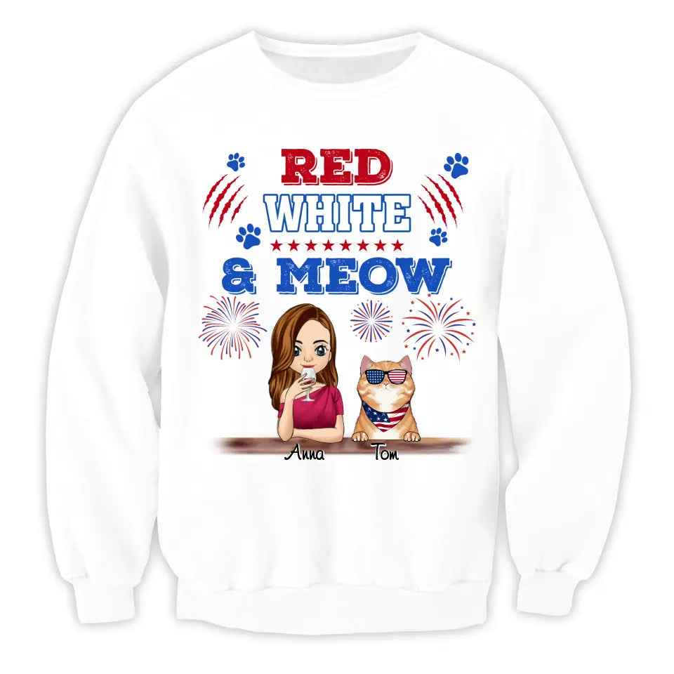 Cat Red White & Meow 4th Of July - Personalized T-shirt, Independence Day gift For Cat Mom Cat Lovers