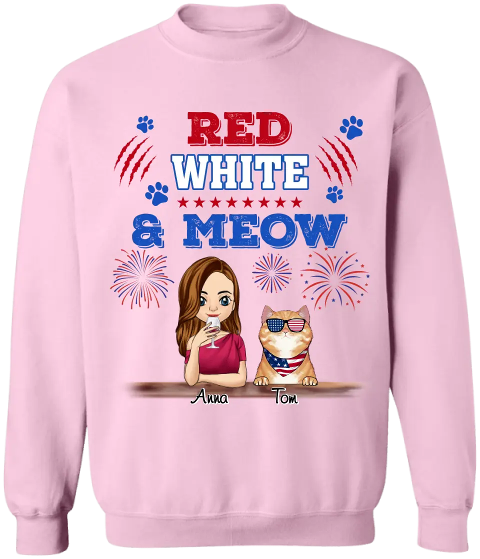Cat Red White & Meow 4th Of July - Personalized T-shirt, Independence Day gift For Cat Mom Cat Lovers