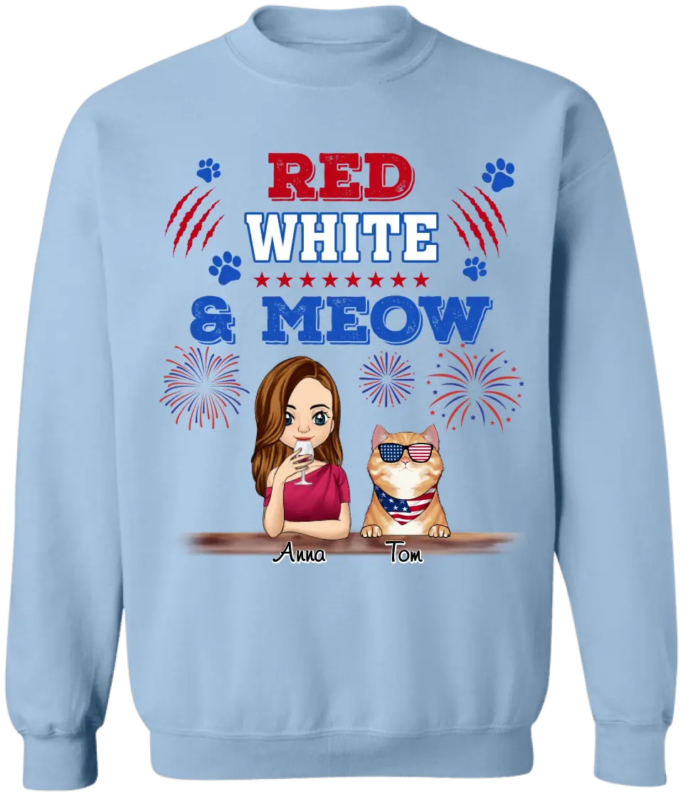 Cat Red White & Meow 4th Of July - Personalized T-shirt, Independence Day gift For Cat Mom Cat Lovers
