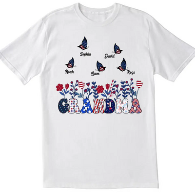 Butterflies Grandma Flowers With Grandkid Names - Personalized T-shirt, Independence Day Gift For Grandma