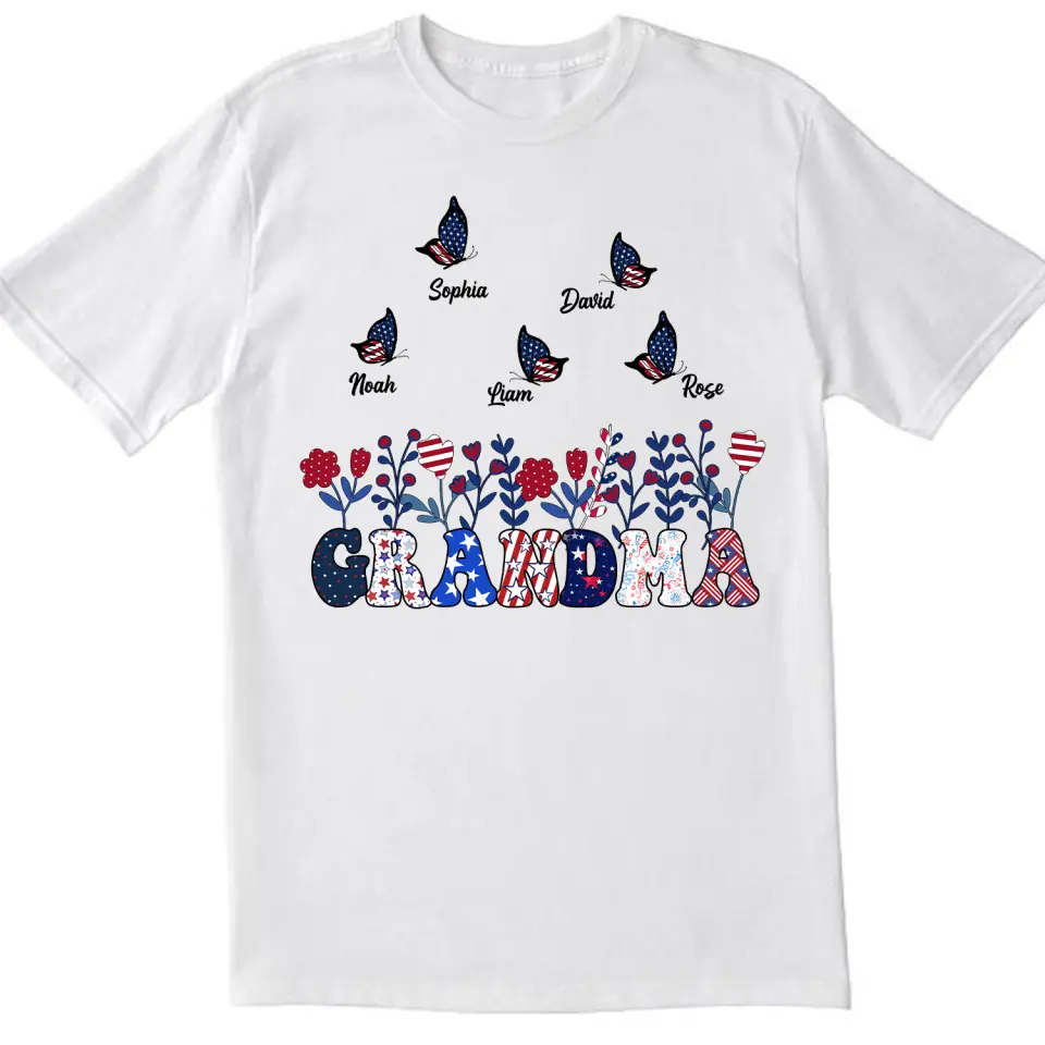 Butterflies Grandma Flowers With Grandkid Names - Personalized T-shirt, Independence Day Gift For Grandma