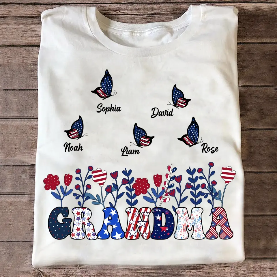 Butterflies Grandma Flowers With Grandkid Names - Personalized T-shirt, Independence Day Gift For Grandma