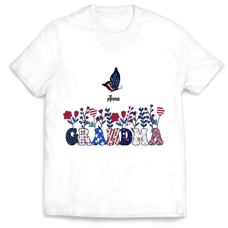 Butterflies Grandma Flowers With Grandkid Names - Personalized T-shirt, Independence Day Gift For Grandma