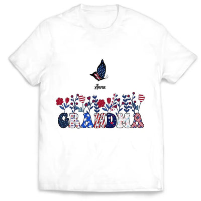 Butterflies Grandma Flowers With Grandkid Names - Personalized T-shirt, Independence Day Gift For Grandma