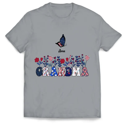 Butterflies Grandma Flowers With Grandkid Names - Personalized T-shirt, Independence Day Gift For Grandma