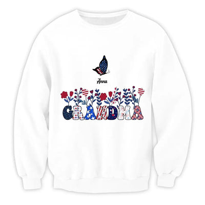 Butterflies Grandma Flowers With Grandkid Names - Personalized T-shirt, Independence Day Gift For Grandma
