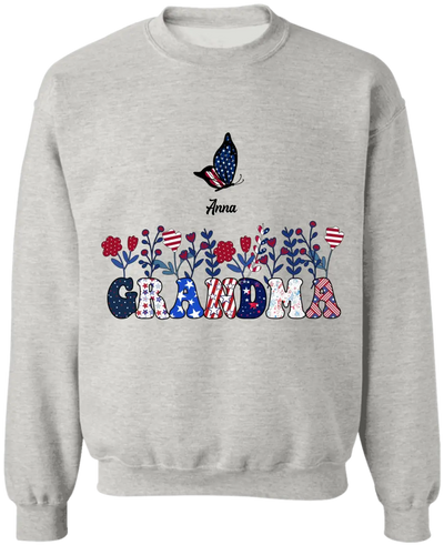 Butterflies Grandma Flowers With Grandkid Names - Personalized T-shirt, Independence Day Gift For Grandma