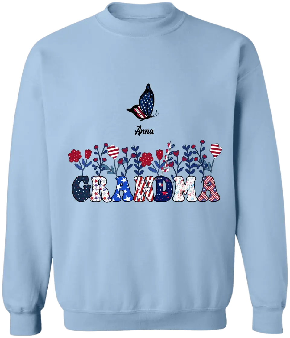 Butterflies Grandma Flowers With Grandkid Names - Personalized T-shirt, Independence Day Gift For Grandma