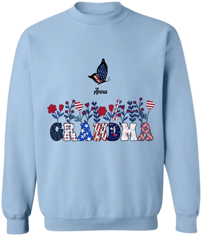Butterflies Grandma Flowers With Grandkid Names - Personalized T-shirt, Independence Day Gift For Grandma
