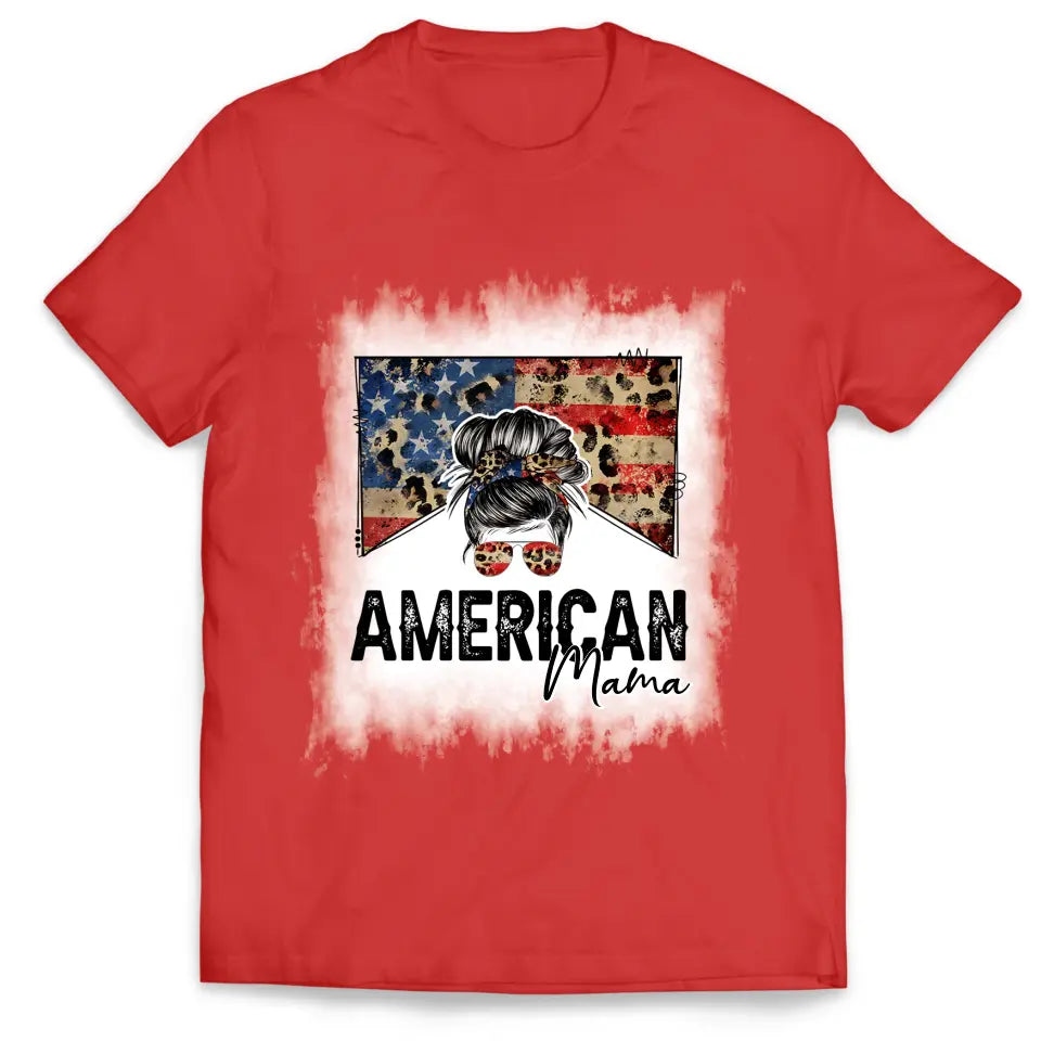 American Mama - Personalized T-Shirt, 4th Of July Messy Bun T-Shirt