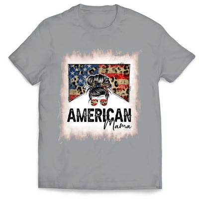 American Mama - Personalized T-Shirt, 4th Of July Messy Bun T-Shirt