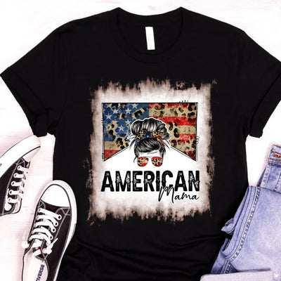 American Mama - Personalized T-Shirt, 4th Of July Messy Bun T-Shirt