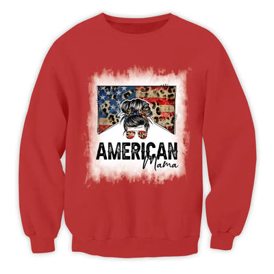 American Mama - Personalized T-Shirt, 4th Of July Messy Bun T-Shirt