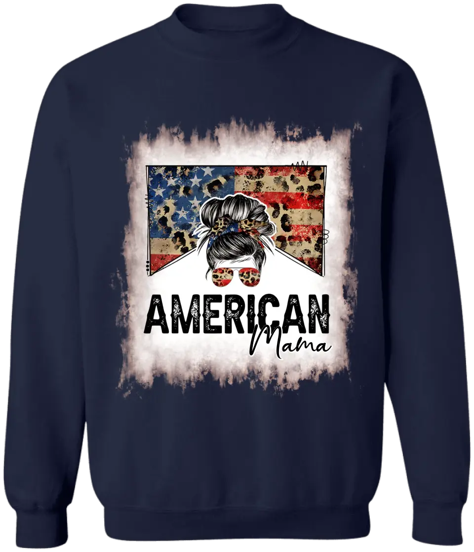 American Mama - Personalized T-Shirt, 4th Of July Messy Bun T-Shirt