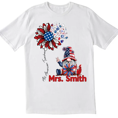 All American Teacher Patriotic Gnome Teacher - Personalized T-shirt, Independence Day Gift For Teachers, Fourth of July Gift