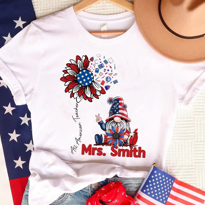 All American Teacher Patriotic Gnome Teacher - Personalized T-shirt, Independence Day Gift For Teachers, Fourth of July Gift