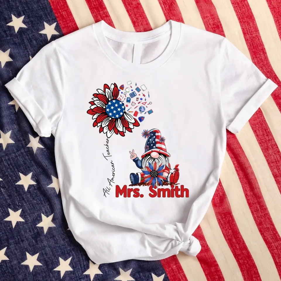 All American Teacher Patriotic Gnome Teacher - Personalized T-shirt, Independence Day Gift For Teachers, Fourth of July Gift