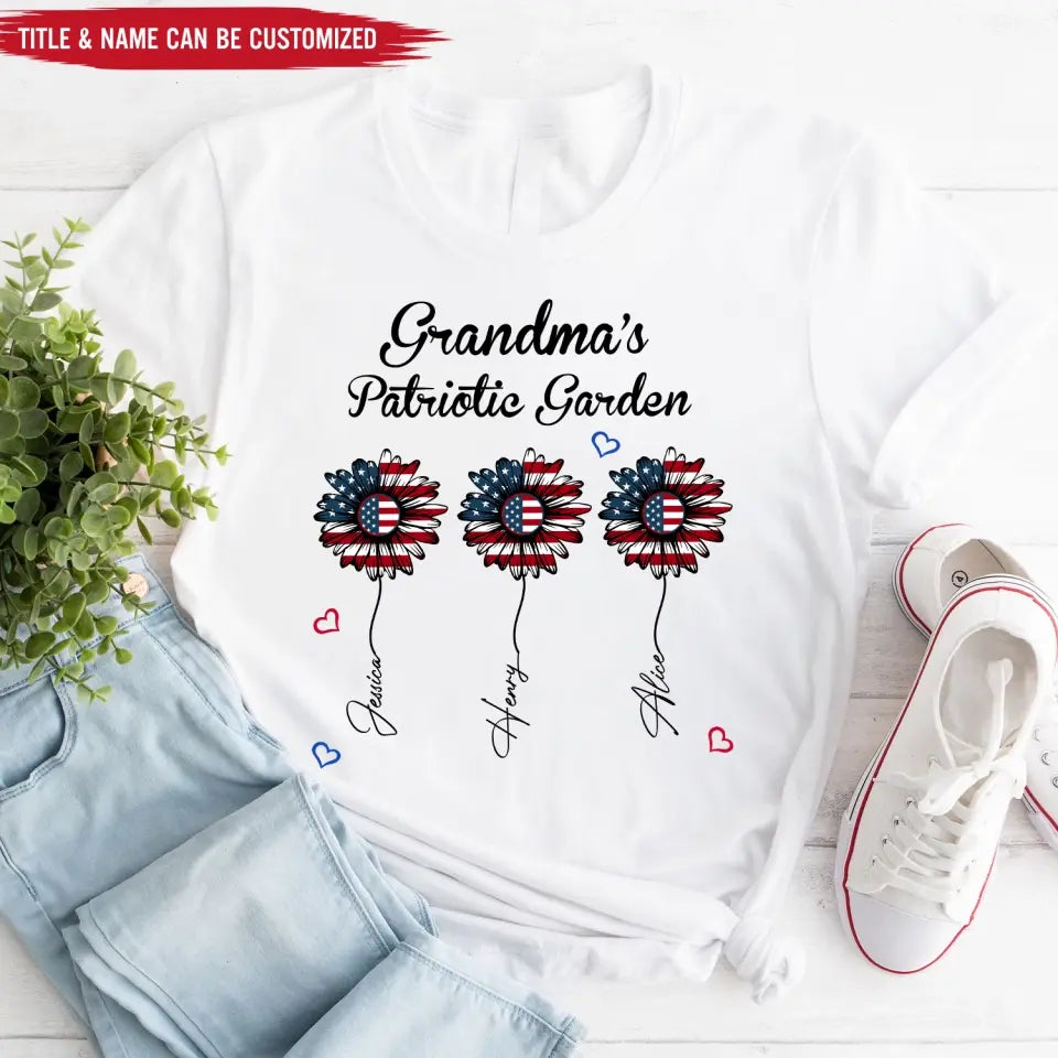 Personalized Grandma's Garden Flower 4th of July - Personalized T-shirt, Independence Day Gift For Grandma, Nana, GiGi
