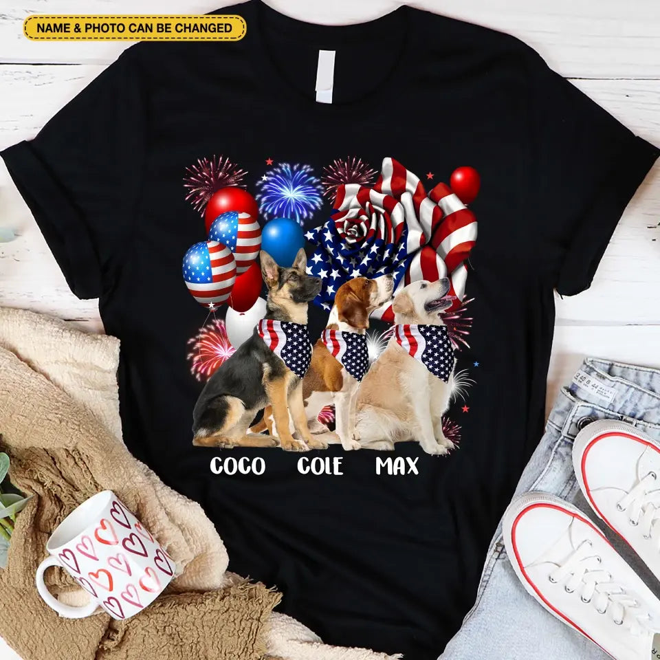 Happy 4th Of July Dog With Flag - Personalized T-Shirt, 4th Of July T-Shirt, Gift For Dog Lovers