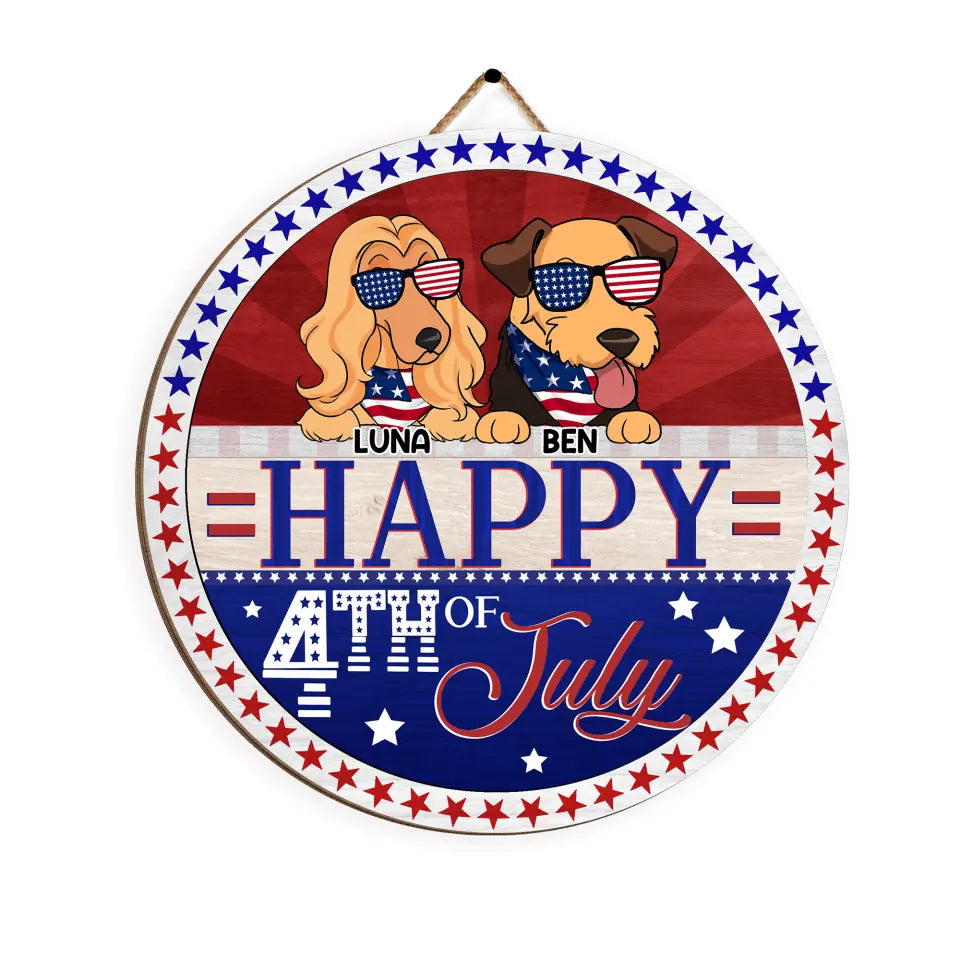 Happy 4th Of July - Personalized Wood Sign, Fourth of July Front Door Decor, Gift For Dog Lover