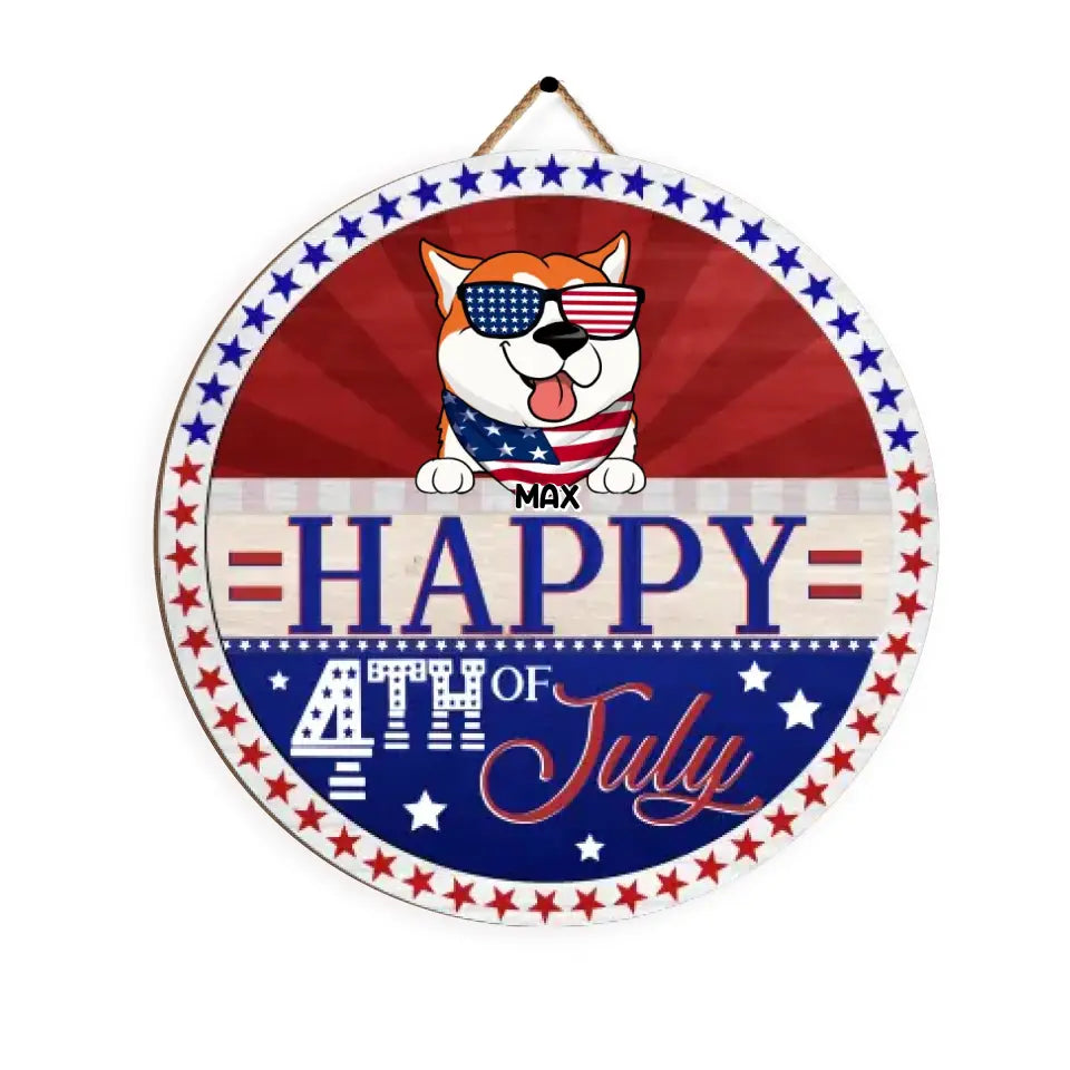 Happy 4th Of July - Personalized Wood Sign, Fourth of July Front Door Decor, Gift For Dog Lover