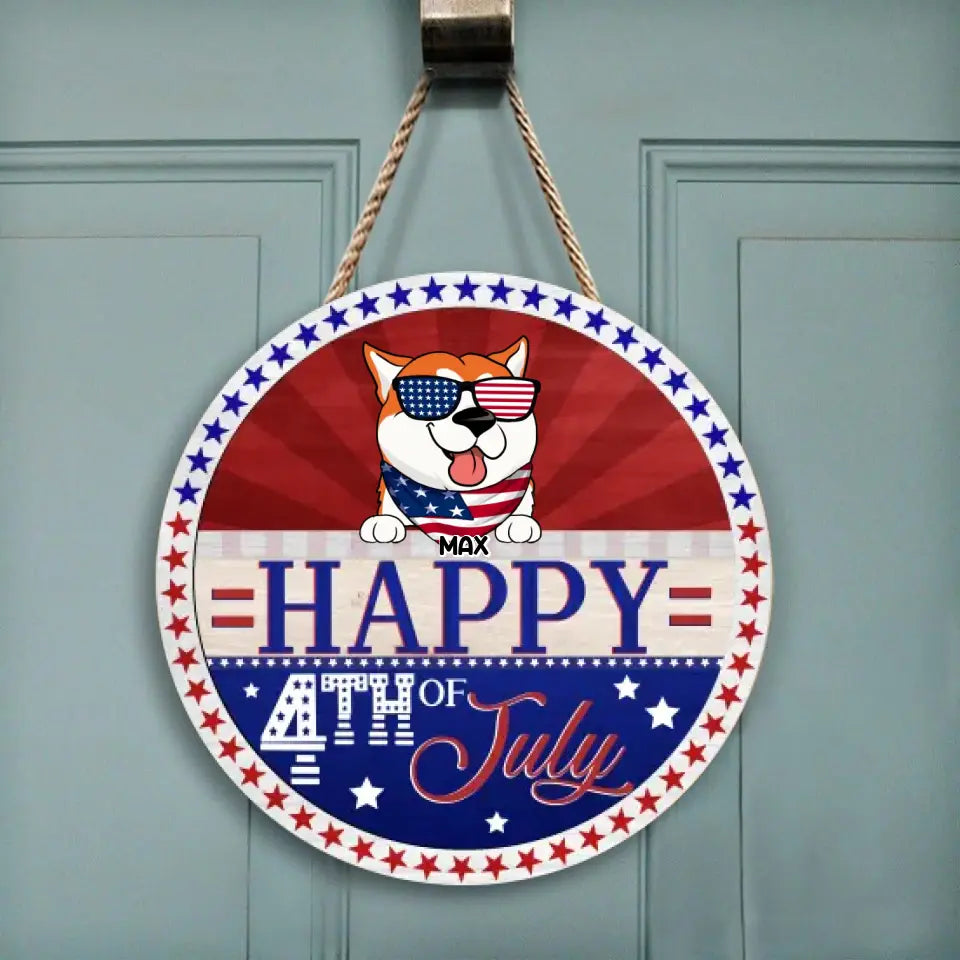 Happy 4th Of July - Personalized Wood Sign, Fourth of July Front Door Decor, Gift For Dog Lover
