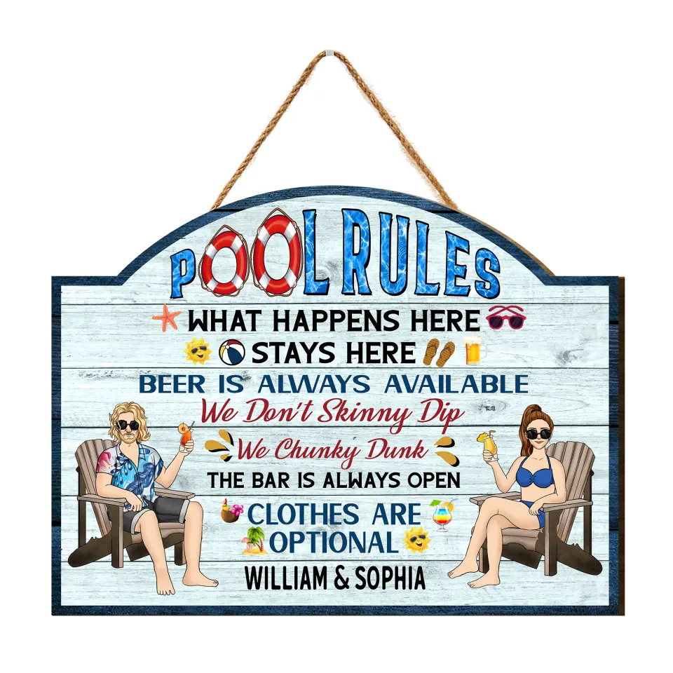 Pool Rules What Happens Here Stays Here - Personalized Wood Sign, Pool Sign
