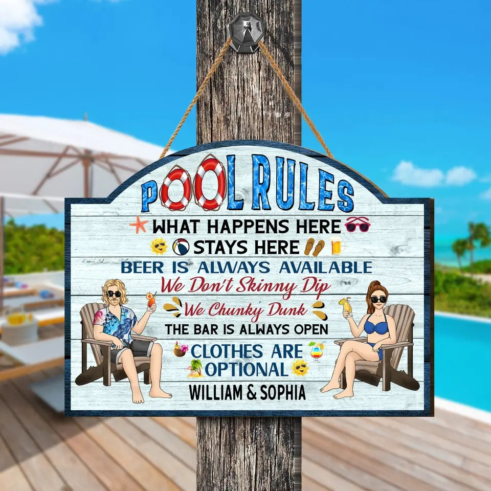 Pool Rules What Happens Here Stays Here - Personalized Wood Sign, Pool Sign