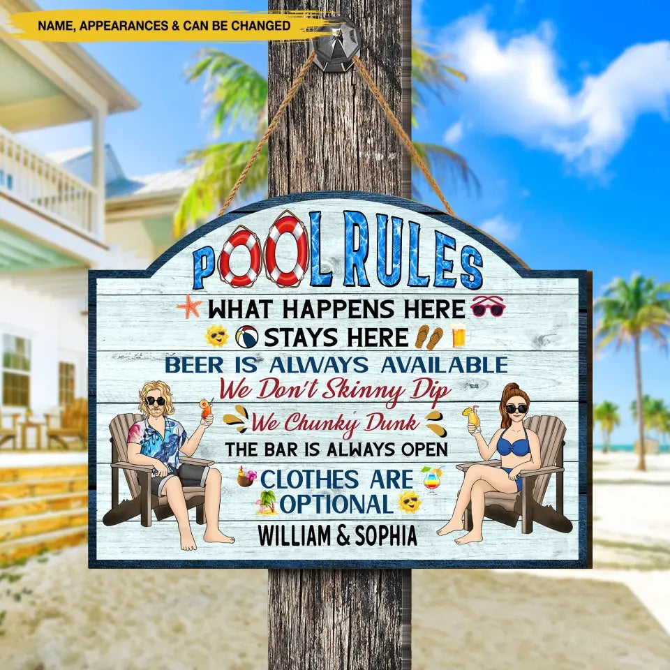 Pool Rules What Happens Here Stays Here - Personalized Wood Sign, Pool Sign