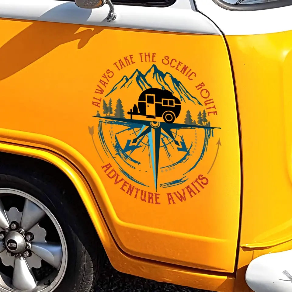 Always Take The Scenic Route Adventure Awaits - Personalized Decal, Camping Compass RVs Decal