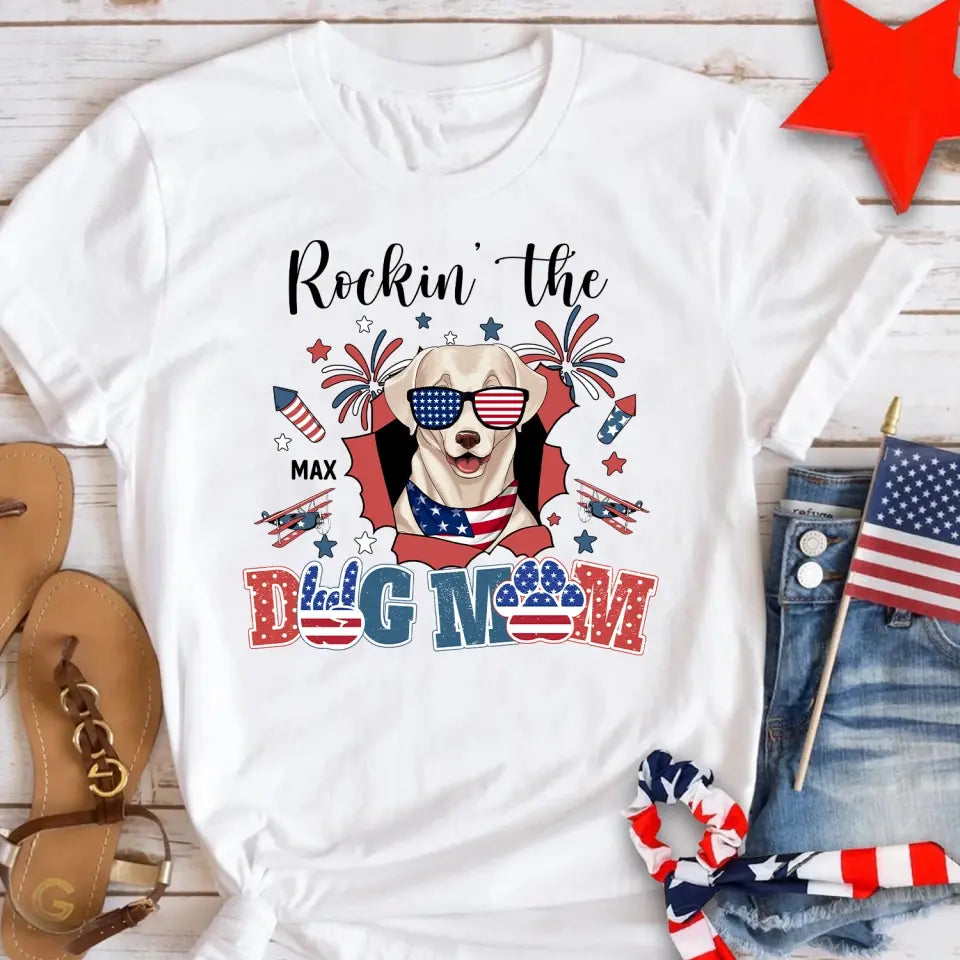 All American Dog Mom Patriotic Fireworks - Personalized T-shirt, Fourth of July Gift for Dog Mom Dog Lovers