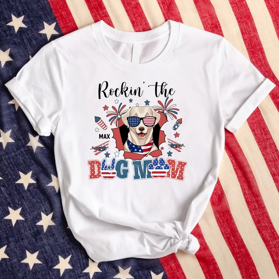 All American Dog Mom Patriotic Fireworks - Personalized T-shirt, Fourth of July Gift for Dog Mom Dog Lovers