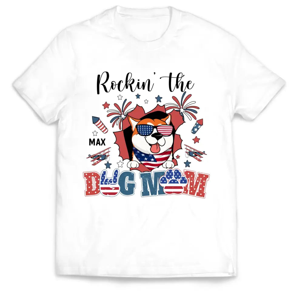 All American Dog Mom Patriotic Fireworks - Personalized T-shirt, Fourth of July Gift for Dog Mom Dog Lovers