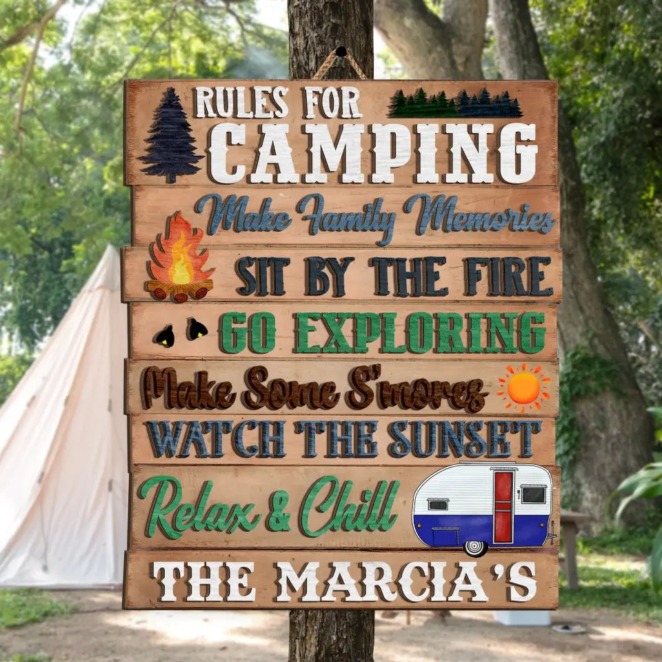 Rules For Camping Make Family Memories - Personalized 2 Layer Sign, Gift For Camping Lovers