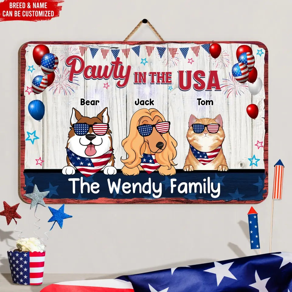 4th of July Pawty In The USA - Personalized Wood Sign, Independence Day Gifts