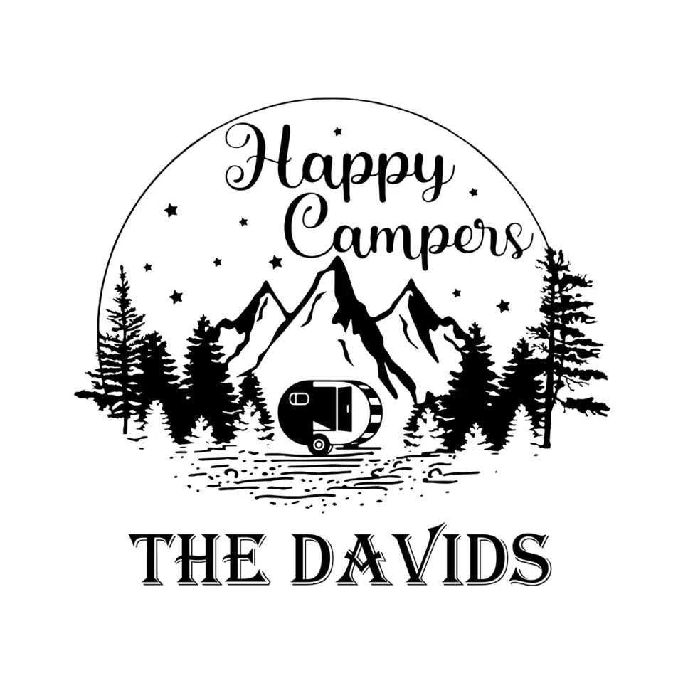 Happy Campers With Mountains And Tree - Personalized Decal, Camping Decal, Gift For Camping Lovers
