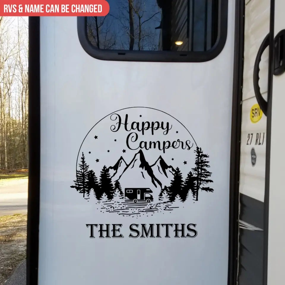 Happy Campers With Mountains And Tree - Personalized Decal, Camping Decal, Gift For Camping Lovers