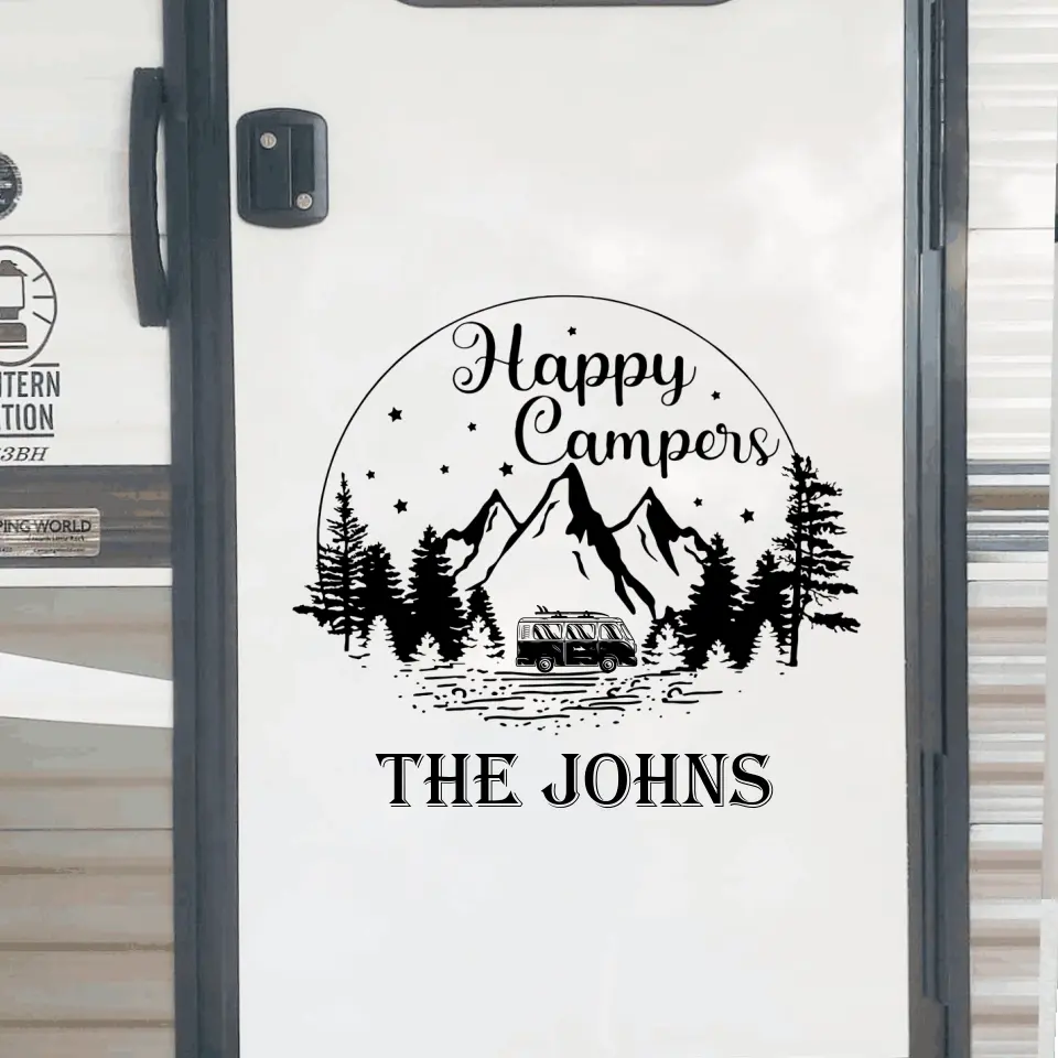 Happy Campers With Mountains And Tree - Personalized Decal, Camping Decal, Gift For Camping Lovers