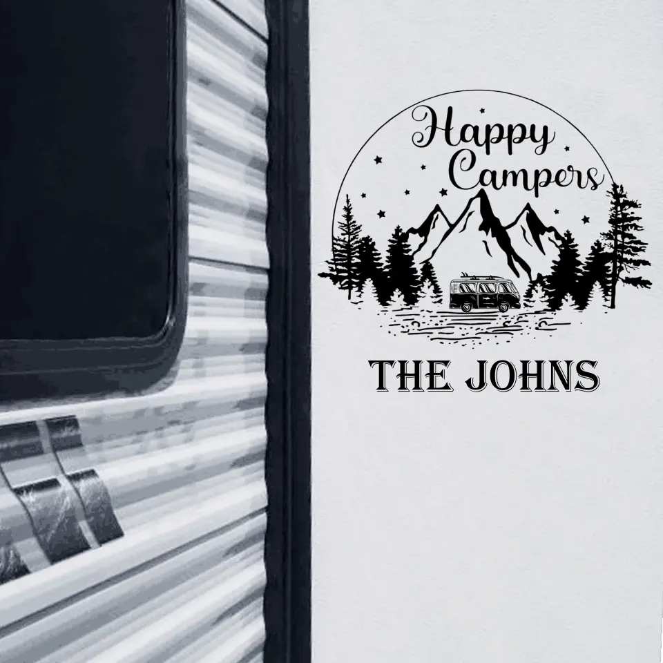 Happy Campers With Mountains And Tree - Personalized Decal, Camping Decal, Gift For Camping Lovers