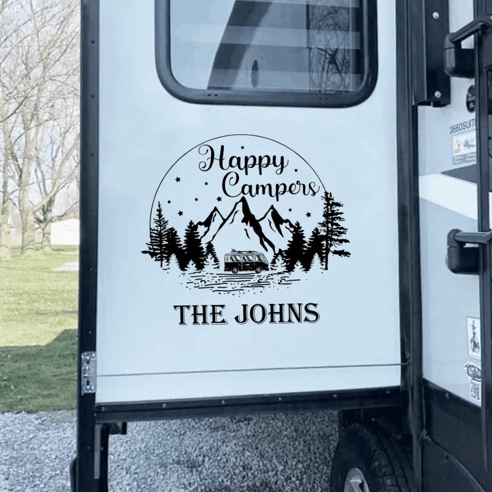 Happy Campers With Mountains And Tree - Personalized Decal, Camping Decal, Gift For Camping Lovers