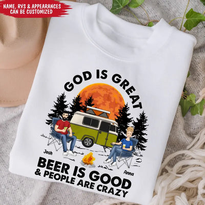 God Is Great Beer Is Good People Are Crazy - Personalized T-Shirt, Camping T-Shirt, Gift For Camping Lovers