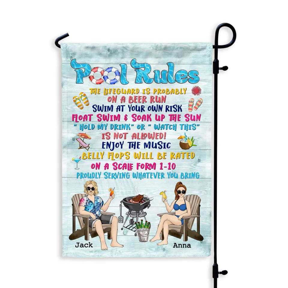 Pool Rules The Lifeguard is Probably On A Beer Run - Personalized Garden Flag