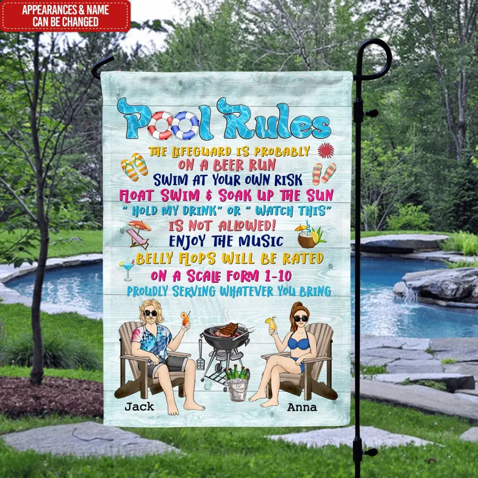 Pool Rules The Lifeguard is Probably On A Beer Run - Personalized Garden Flag