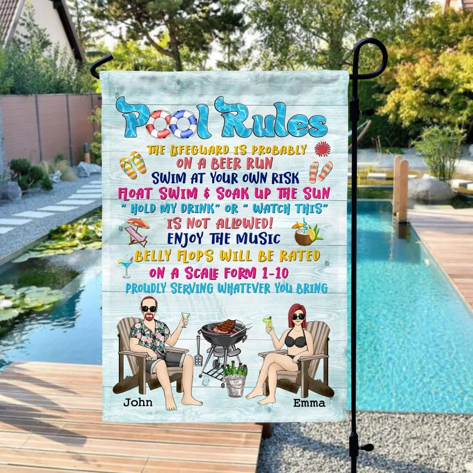 Pool Rules The Lifeguard is Probably On A Beer Run - Personalized Garden Flag