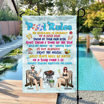 Pool Rules The Lifeguard is Probably On A Beer Run - Personalized Garden Flag