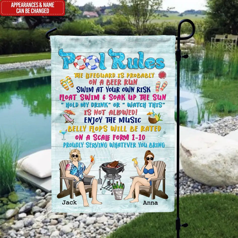 Pool Rules The Lifeguard is Probably On A Beer Run - Personalized Garden Flag